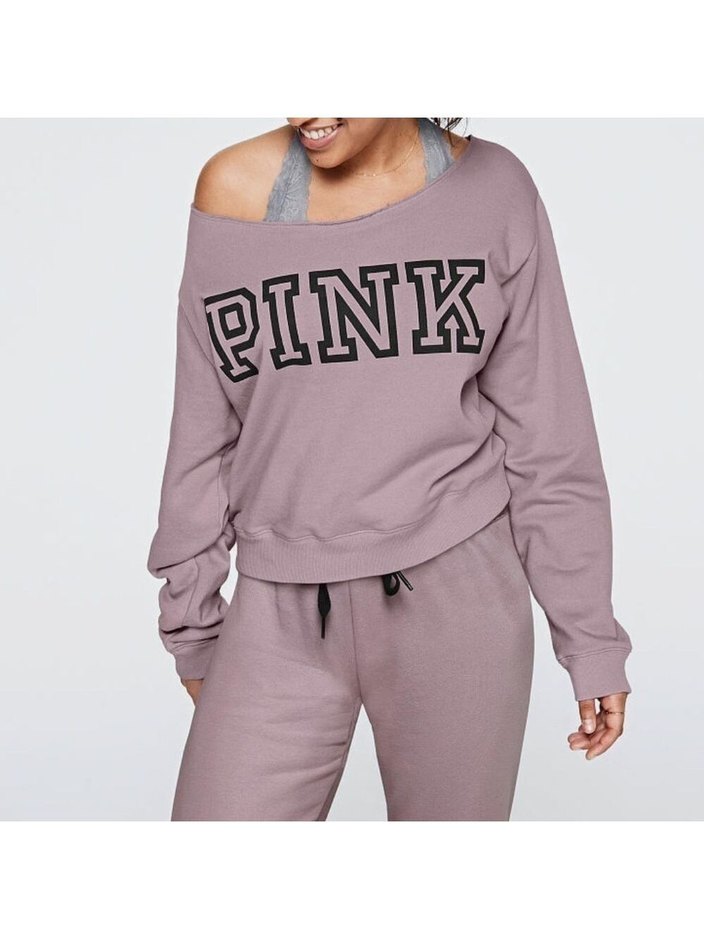 Victoria's Secret Pink Everyday Lounge Open Neck Crew Fleece Sweatshirt Size XL - Picture 1 of 8
